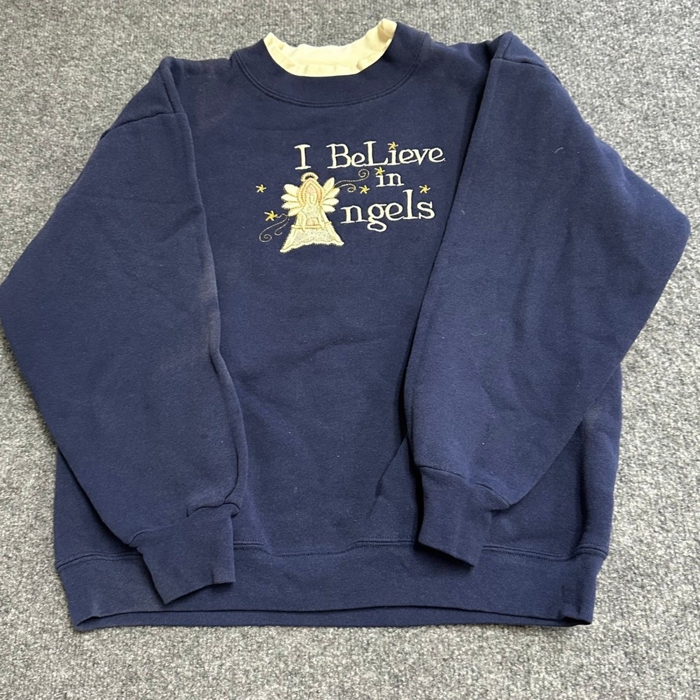 Vintage Sweatshirt Womens Size M Navy Blue I Believe In Angels Double Collar